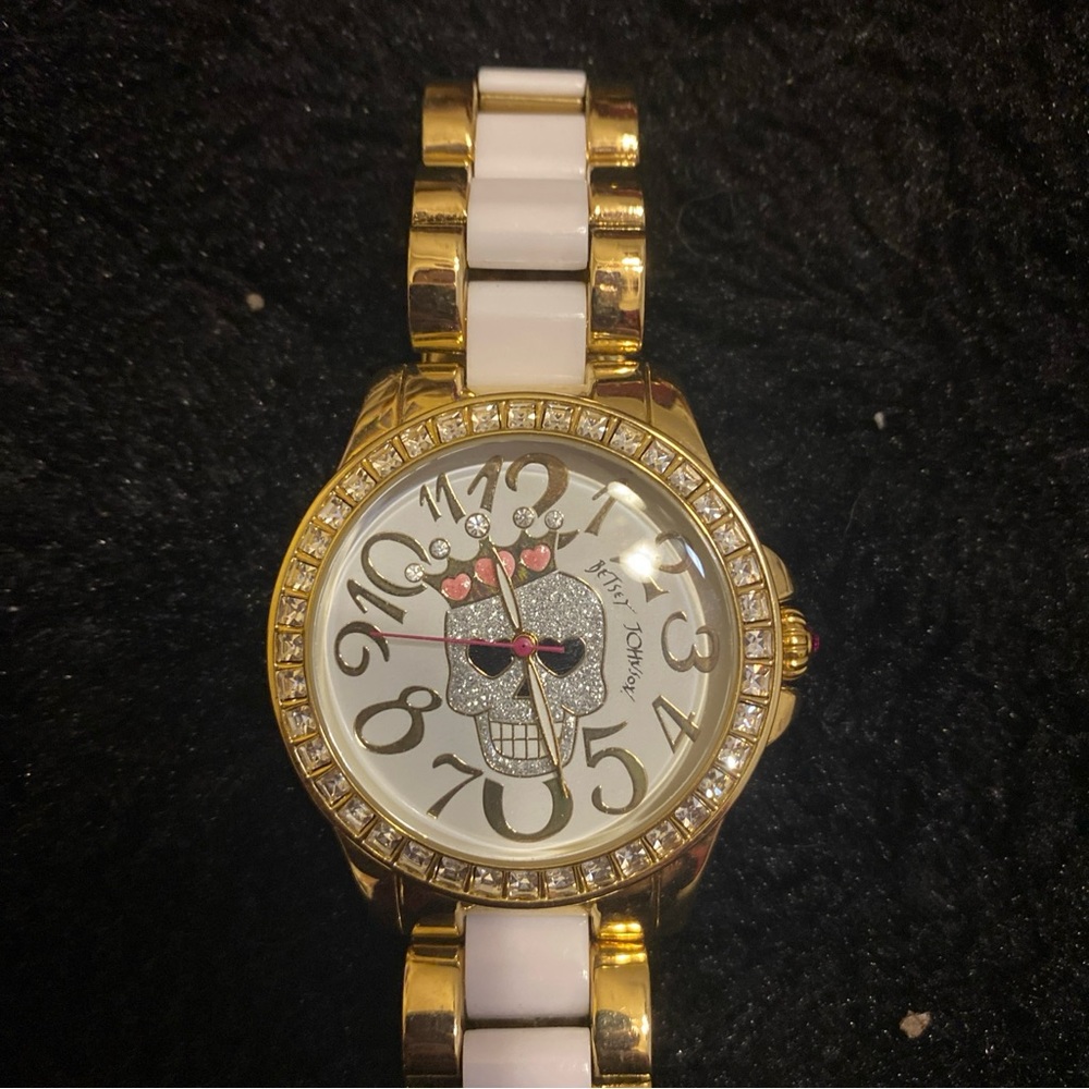 Betsey Johnson Sugar Skull Watch - white accents & gold band - needs battery